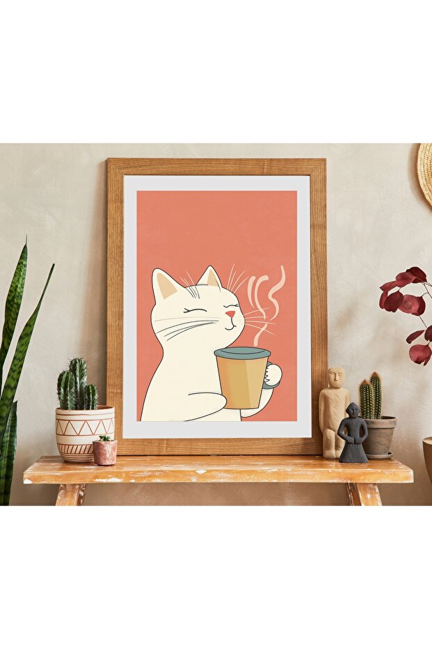 Kedi ve Kahve Aşkı – Duvar Posteri, Minimal Sanat Baskı, Tablo - 1