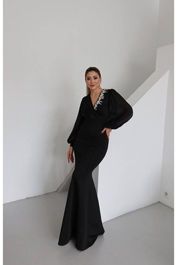 Women's Wrap Dress with Sequin Details, Sleeves and Crossover Chiffon Full Length Evening Gown