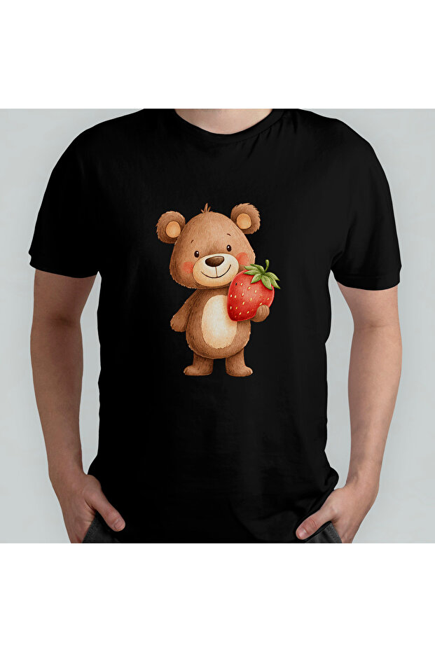Cute Bear and Strawberry Unisex 100% Cotton Crew Neck T-Shirt