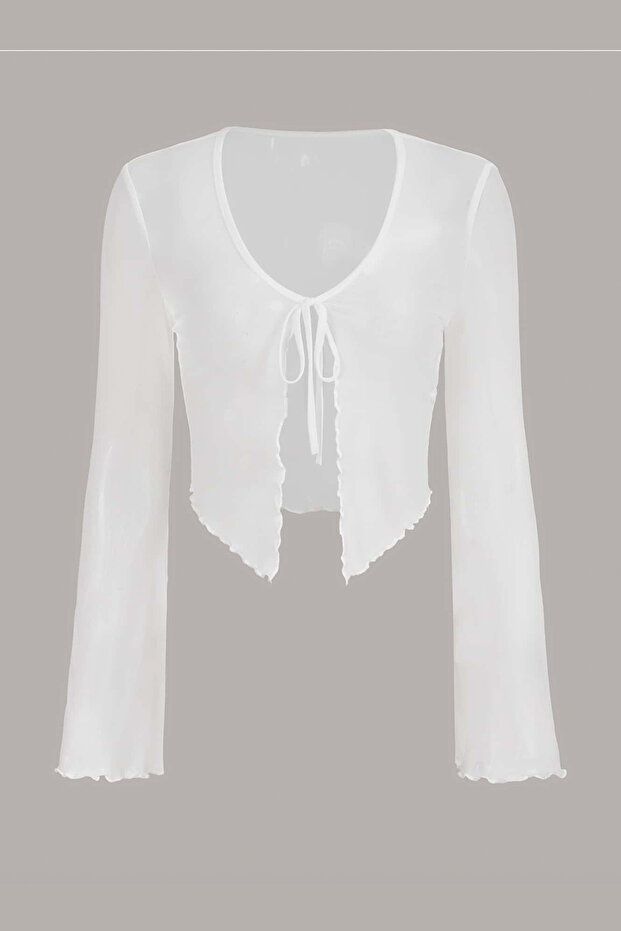 Spanish Sleeve Front Tie Tulle Blouse 8050