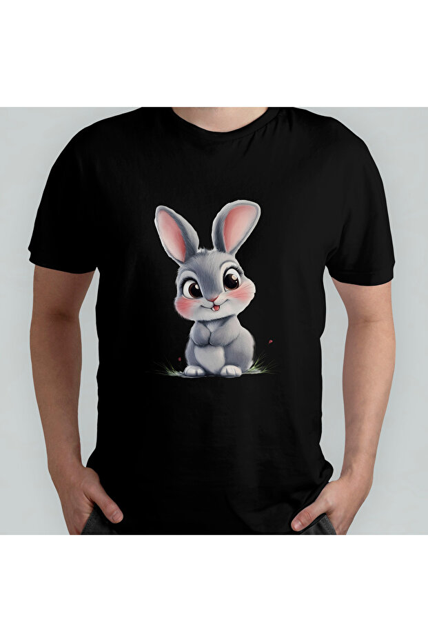 Cute Rabbit Unisex 100% Cotton Crew Neck T-Shirt Model 1