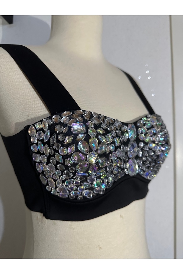 Kristal taş işlemeli geceler ve partiler için uygun push up dolgulu crop - 5