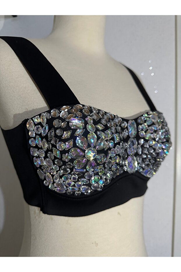 Kristal taş işlemeli geceler ve partiler için uygun push up dolgulu crop - 4