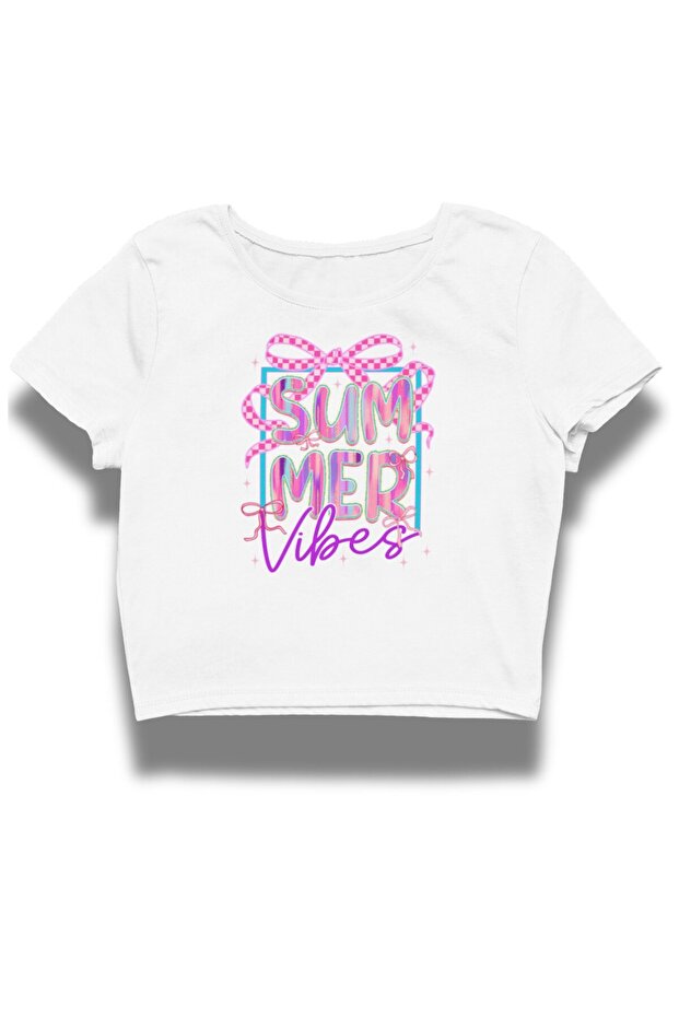 Summer Vibes Written Crop Top, Women's Ribbon Printed Crop Blouse