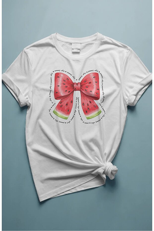 Unisex Ribbon Watermelon Printed T-Shirt, Summer Vibes Themed Crew Neck T-Shirt
