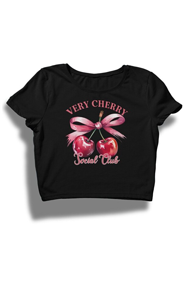 Very Cherry Social Club Letter Crop Top, Women's Cherry Printed Crop Blouse