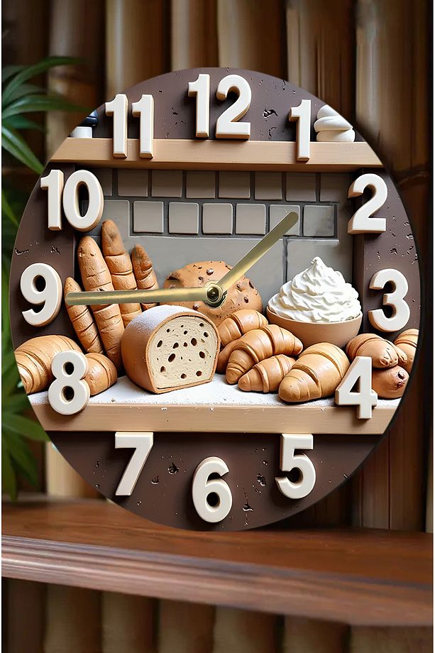 🥖 Fırın Temalı Çift Katmanlı MDF Duvar Saati | 33 cm | Ekmek ve Kruvasan Desenli Saat Sdw355 - 1