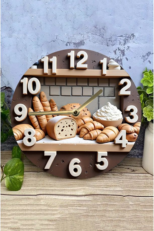 🥖 Fırın Temalı Çift Katmanlı MDF Duvar Saati | 33 cm | Ekmek ve Kruvasan Desenli Saat Sdw355 - 4