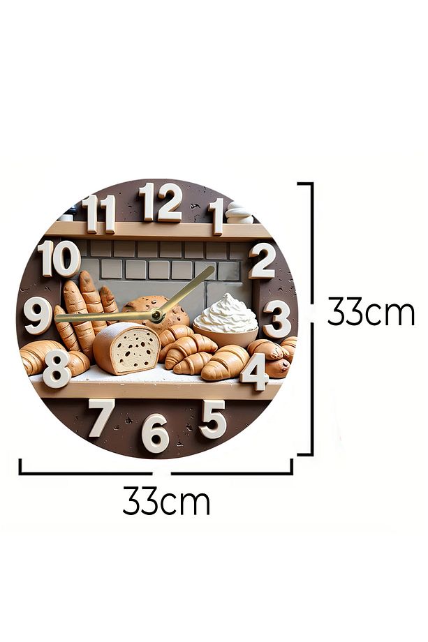 🥖 Fırın Temalı Çift Katmanlı MDF Duvar Saati | 33 cm | Ekmek ve Kruvasan Desenli Saat Sdw355 - 7