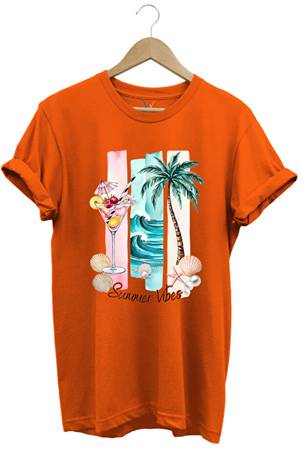 Summer Vibes Summer Themed Cocktail, Palm and Sea Pattern 100% Cotton Regular Fit T-Shirt