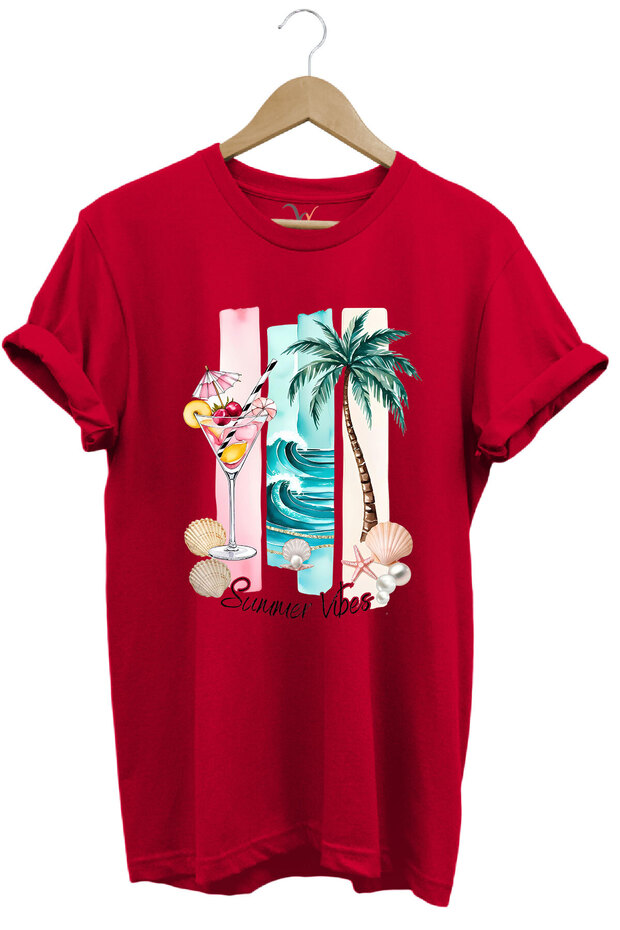Summer Vibes Summer Themed Cocktail, Palm and Sea Pattern 100% Cotton Regular Fit T-Shirt