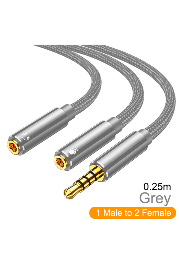 0.25m Grey 3.5mm Jack Headphone Splitter Audio Cable Adapter 3.5 Male to 2 Female 4 Pole Jack Y Spli