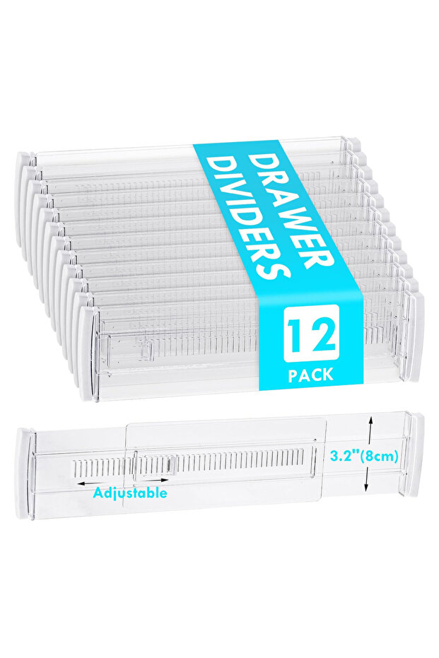 12pcs Drawer Dividers, 12 Pack Adjustable Drawer Organizer, Clear Expandable Dresser Organizer for C