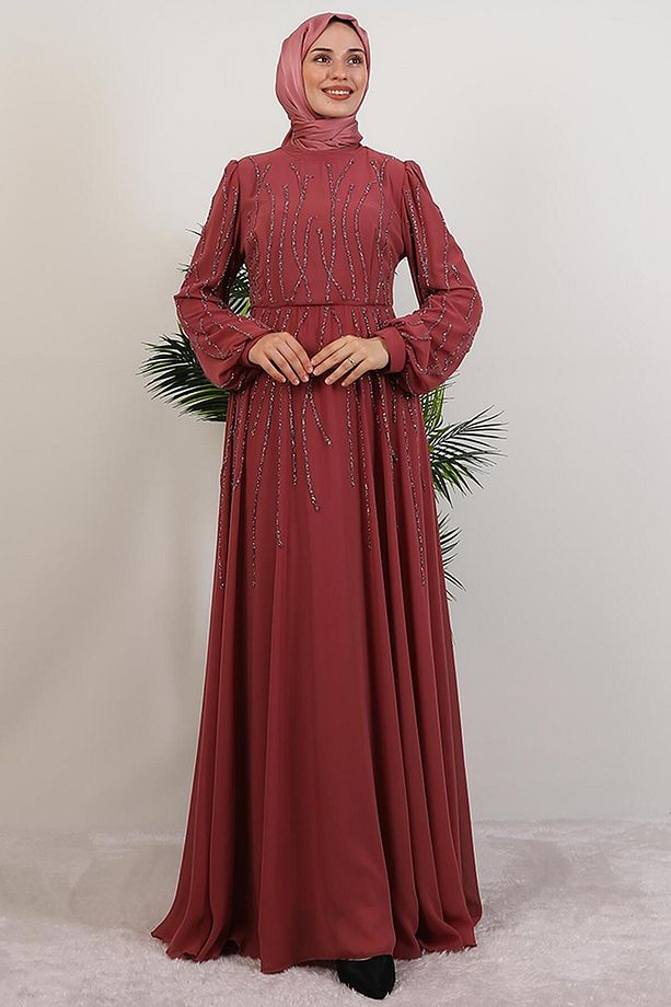 İşlemeli Şifon Elbise Gül Kurusu - 3