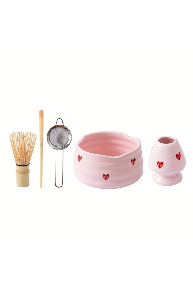 Matcha Bowl 5 set 5pcs Pink Heart Decal Ceramic Matcha Set, Cute Matcha Set Includes Matcha Bowl, Ma