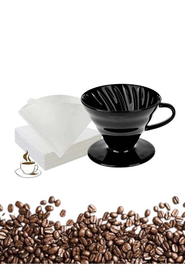 قمع تنقيط V60 سيراميك 01 أسود مع مرشحات قهوة V60 100 مرشحات كبيرة بيضاء