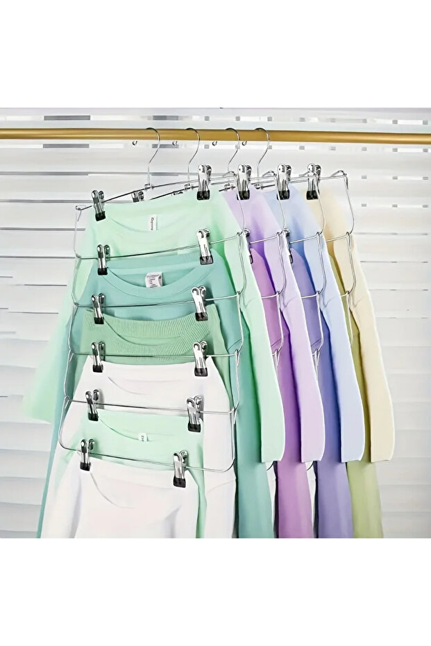black Space-Saving 6-Tier Metal Pants Hanger With Clips - Durable, Multi-Layer Storage For Skirts An