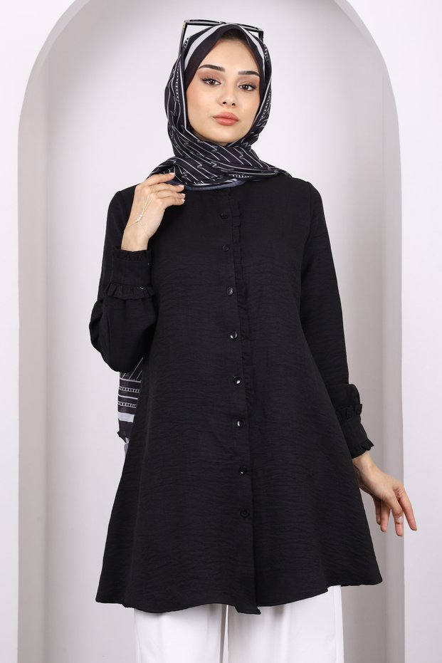 Black Buttoned Ruffle Detailed Tunic