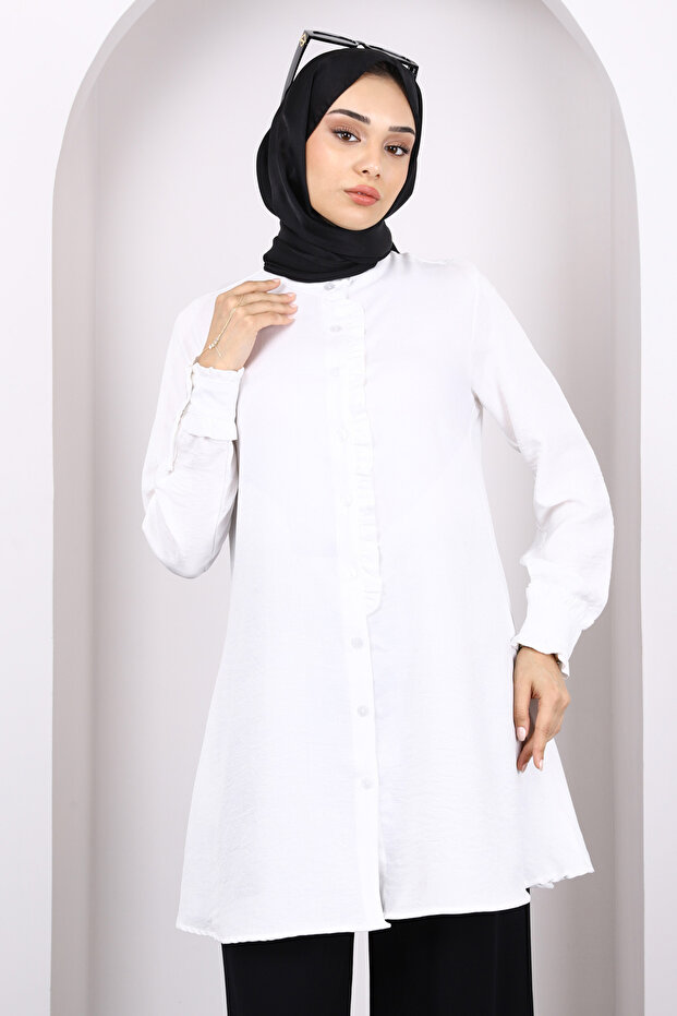 Ecru Buttoned Ruffle Detailed Tunic