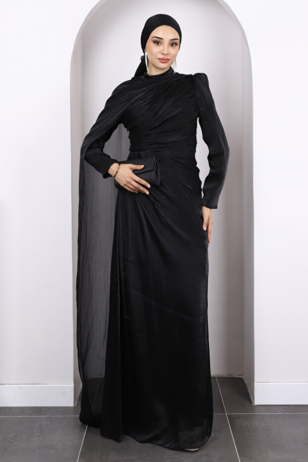 Black Front Draped Chiffon Evening Dress
