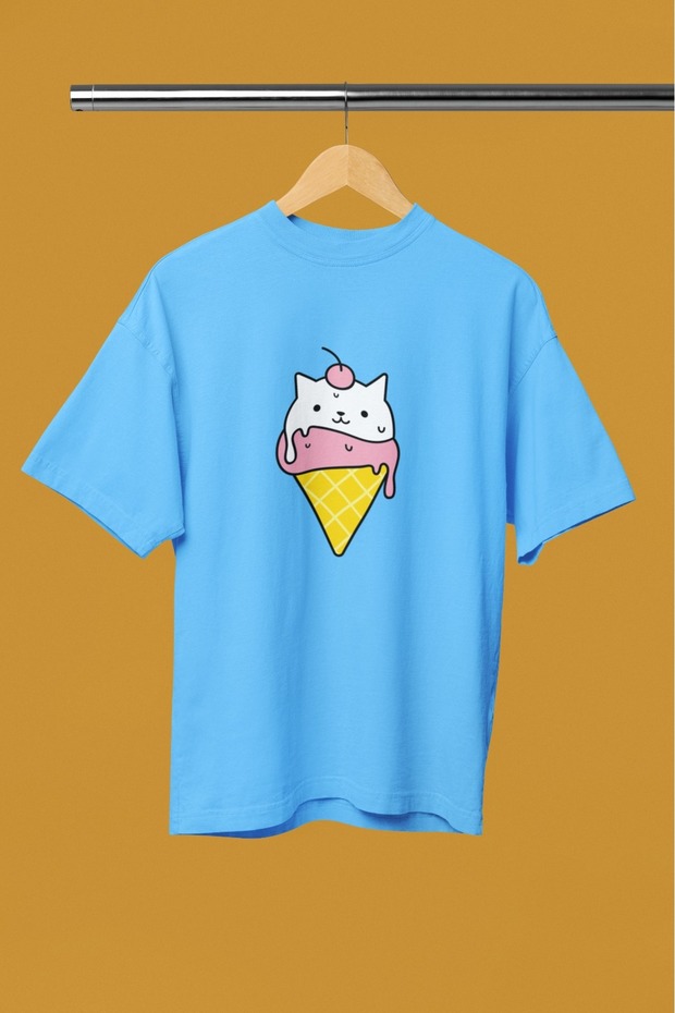 Men/Women Ice Cream Cat Transfer Printed Round Neck Short Sleeve T-Shirt