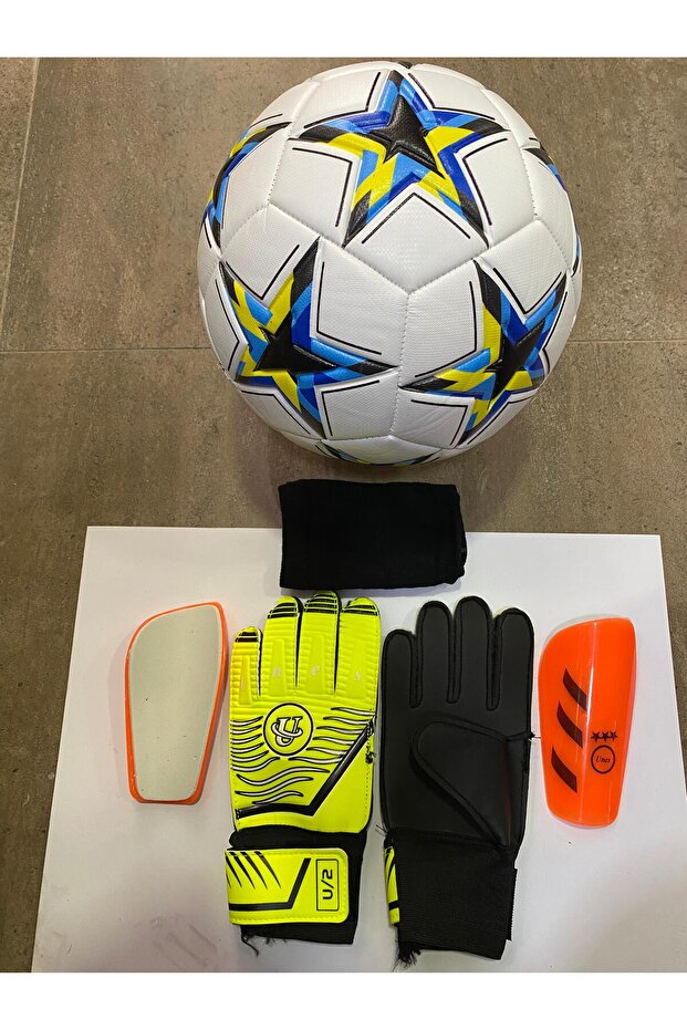 5 No Star Pattern Football Goalkeeper Gloves and Shin Pads Set with Pump Gift