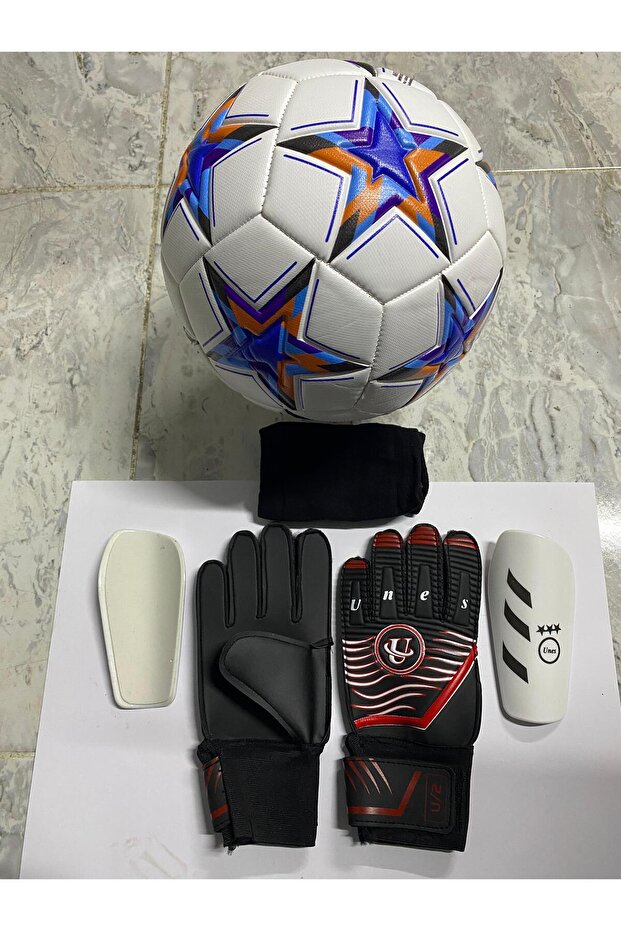 5 No Star Pattern Football Goalkeeper Gloves and Shin Pads Set with Pump Gift