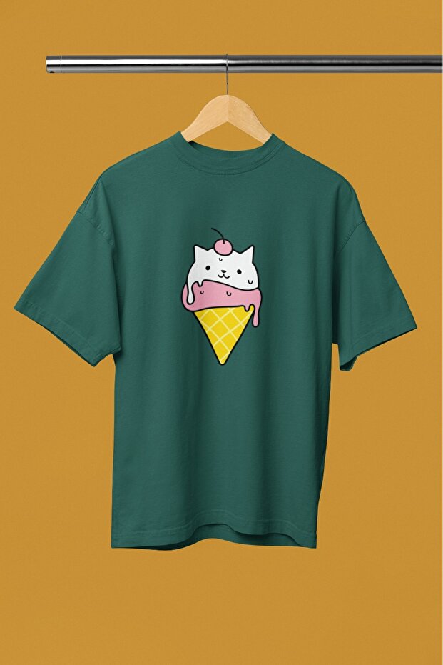Men/Women Ice Cream Cat Transfer Printed Round Neck Short Sleeve T-Shirt