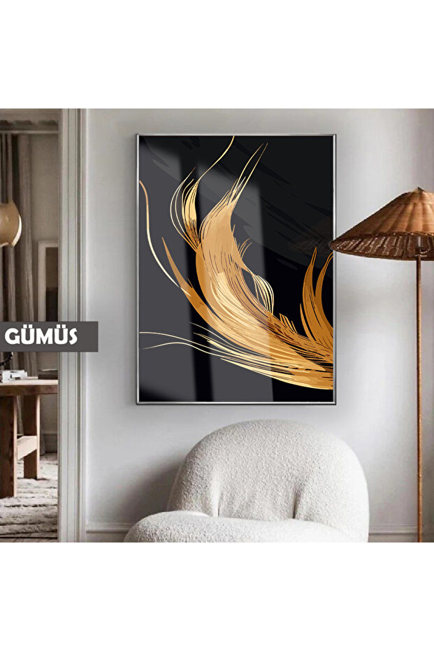 Amazing | Gold -Black Feather Model 01 (Feather) | Framed Tempered Glass Table Single Vertical