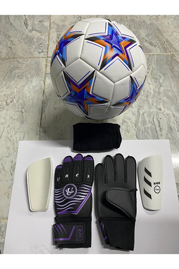 5 No Star Pattern Football Goalkeeper Gloves and Shin Pads Set with Pump Gift