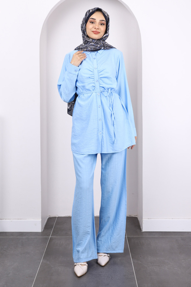 Baby Blue Front Draped Tunic Pants Set