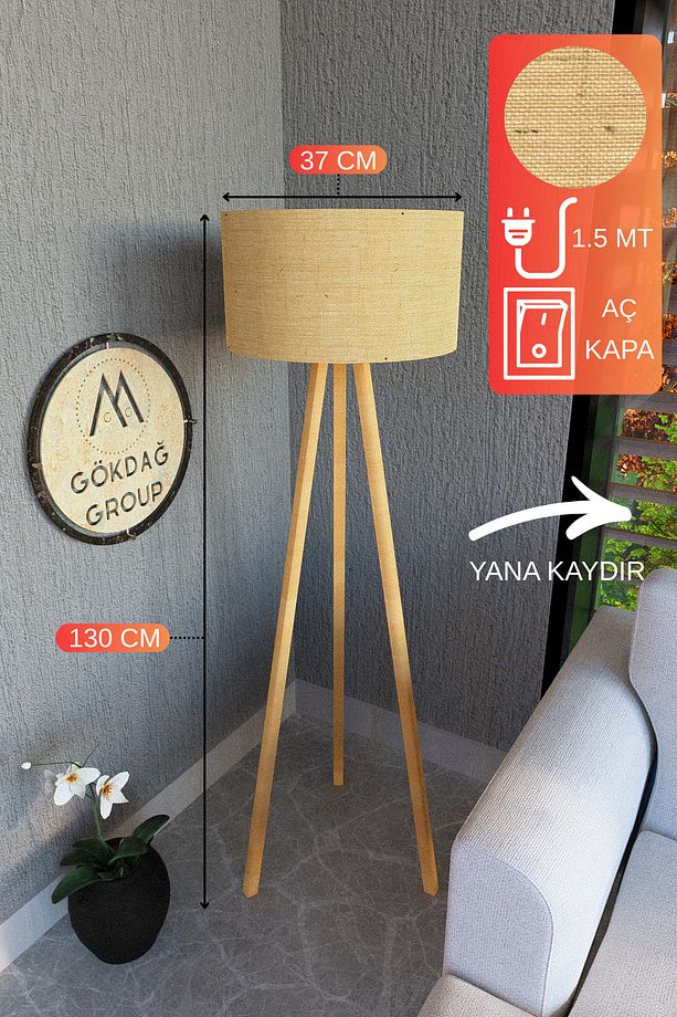 3 Ayaklı MEGA BOY Tripod Lambader Abajur Hasır Kumaş Başlık - 1