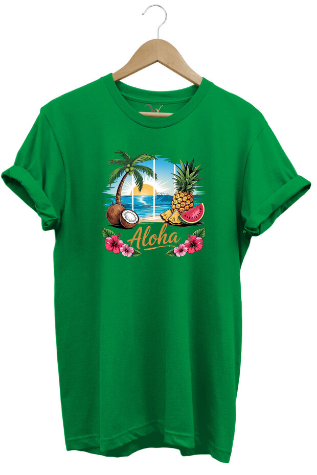 Summer Vibes Aloha Written Coconut Summer Beach Printed 100% Cotton Unisex Regular Fit T-Shirt