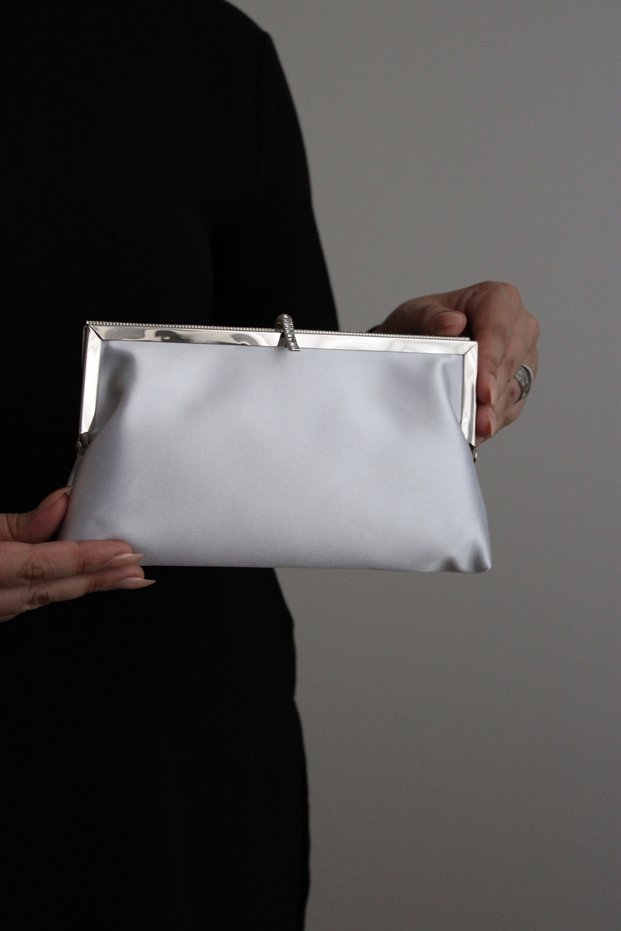 Women's Silver Satin Metal Framed Edge Stone Detailed Chain Evening Dress Clutch Bag