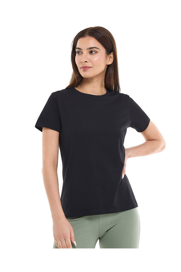 Black LADIES BASIC ROUND NECK SOLID TEE 8-18 - 1