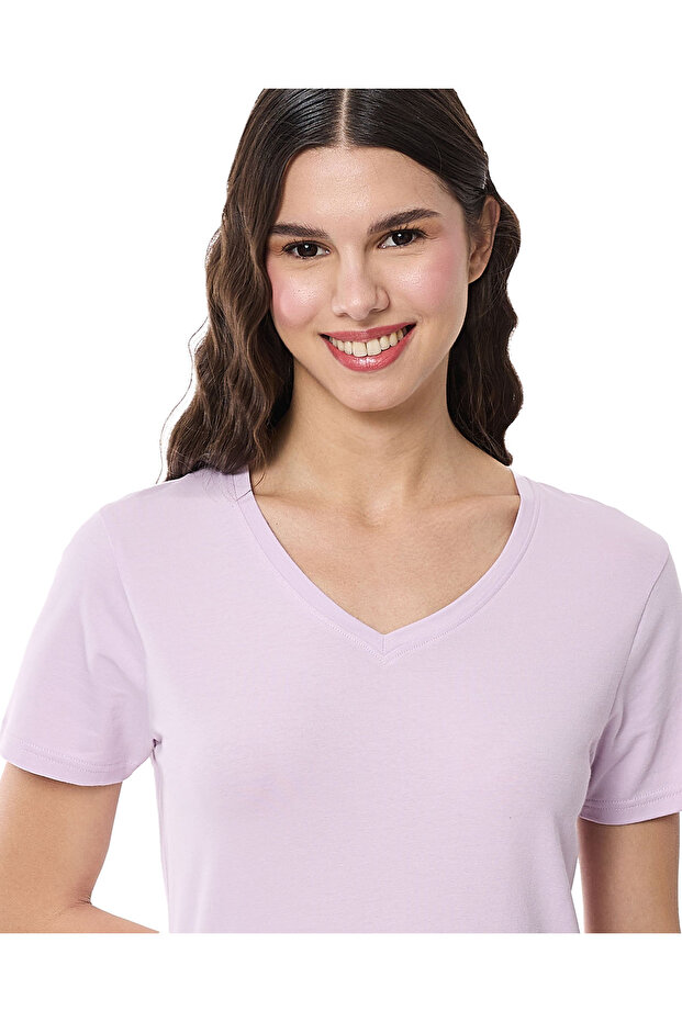 تي شيرت نسائي سادة بفتحة رقبة على شكل حرف V من لافندر فوغ، مقاس 8-18 - 4