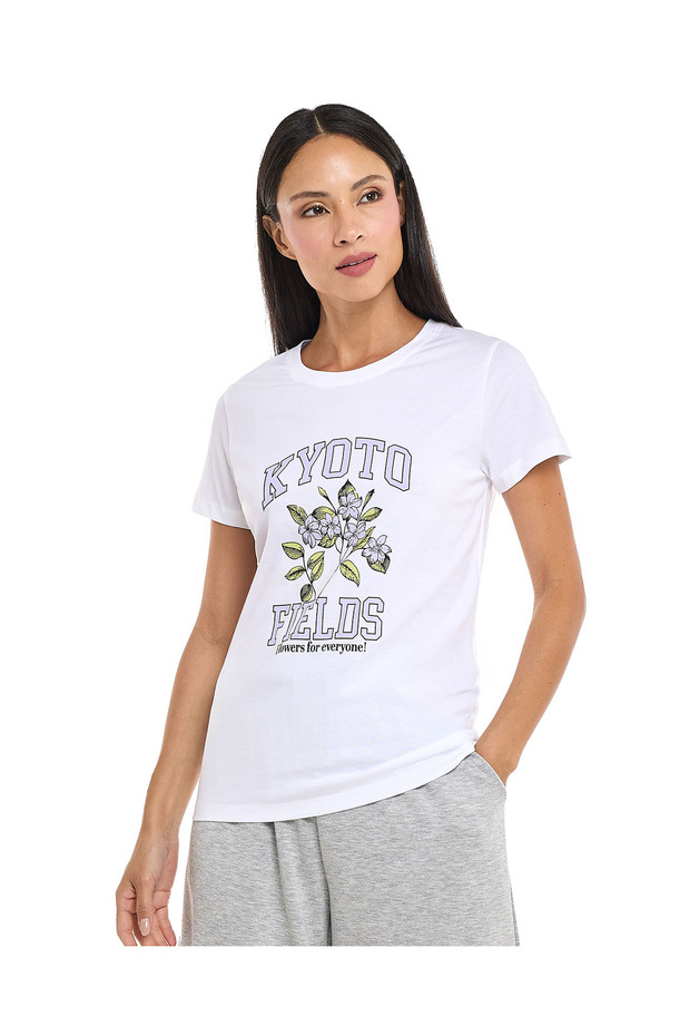 تي شيرت نسائي أبيض برسومات أساسية مقاس 8-18 - 1