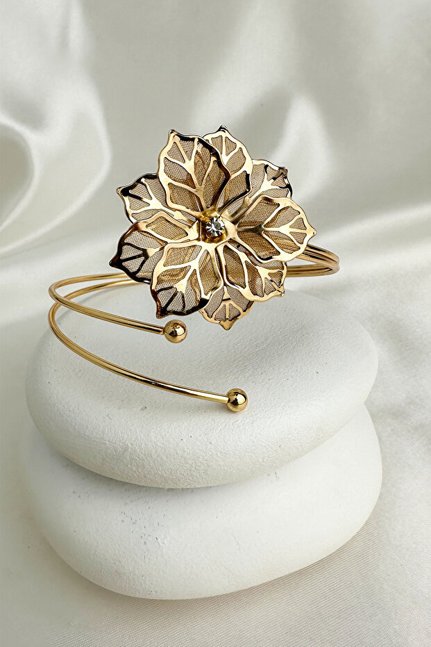 Gold Color Stone Detailed Flower Motif Adjustable Arm Accessory (Diameter: 9cm)