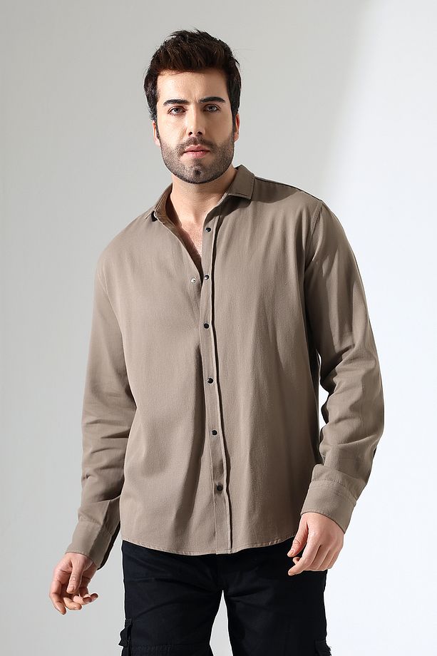 Erkek Gömlek Oversize Kalıp Gabardin Kumaş Çıt Çıt Bağlamalı Gömlek - 1