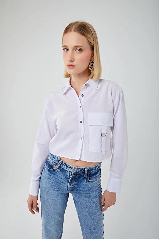 4444 Women's Epaulet Crop Shirt White