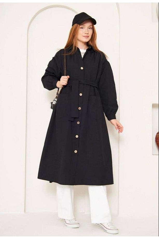Kuşaklı Düğmeli Oversize Midi Trençkot Kap - 1
