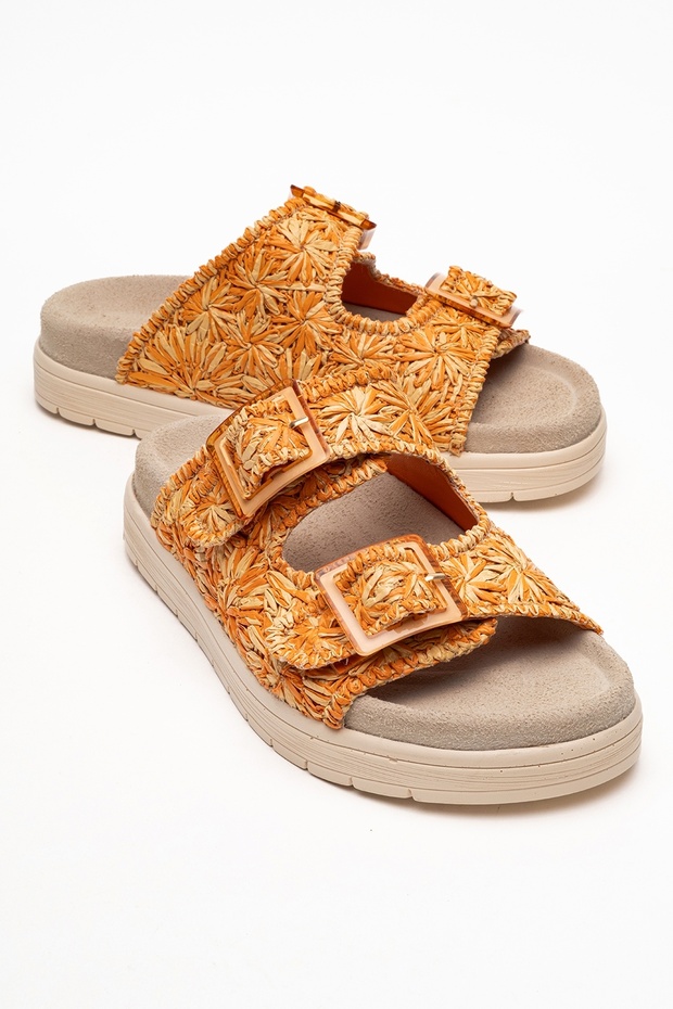 Milana Orange Patterned Genuine Leather Buckle Double Strap Women's Slippers
