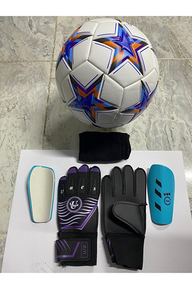 5 No Star Pattern Football Goalkeeper Gloves and Shin Pads Set with Pump Gift