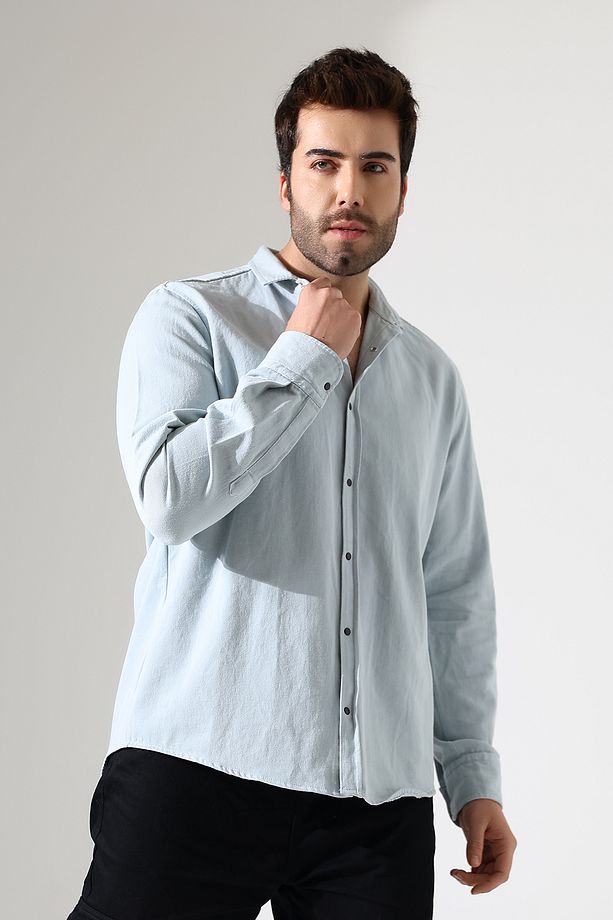 Erkek Gömlek Oversize Kalıp Gabardin Kumaş Çıt Çıt Bağlamalı Gömlek - 2
