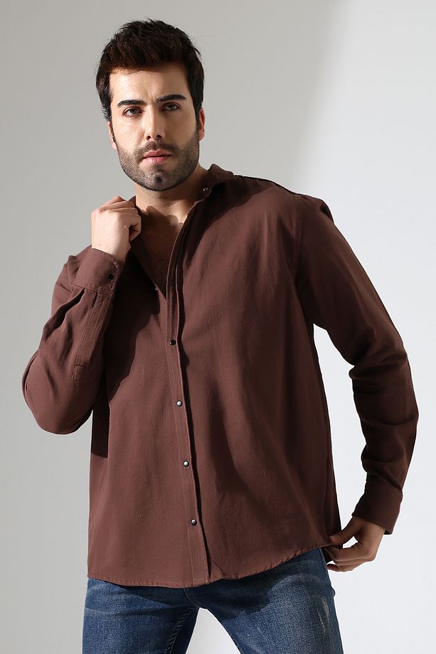 Erkek Gömlek Oversize Kalıp Gabardin Kumaş Çıt Çıt Bağlamalı Gömlek - 2