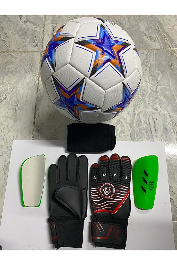 5 No Star Pattern Football Goalkeeper Gloves and Shin Pads Set with Pump Gift