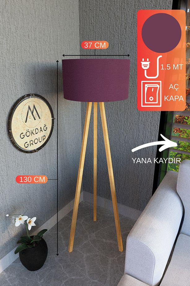 3 Ayaklı MEGA BOY Tripod Lambader Abajur Bordo Kumaş Başlık - 1