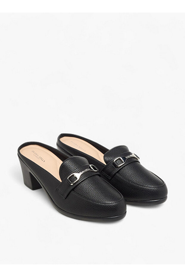 Textured Slip-On Mules with Metal Accent and Block Heels