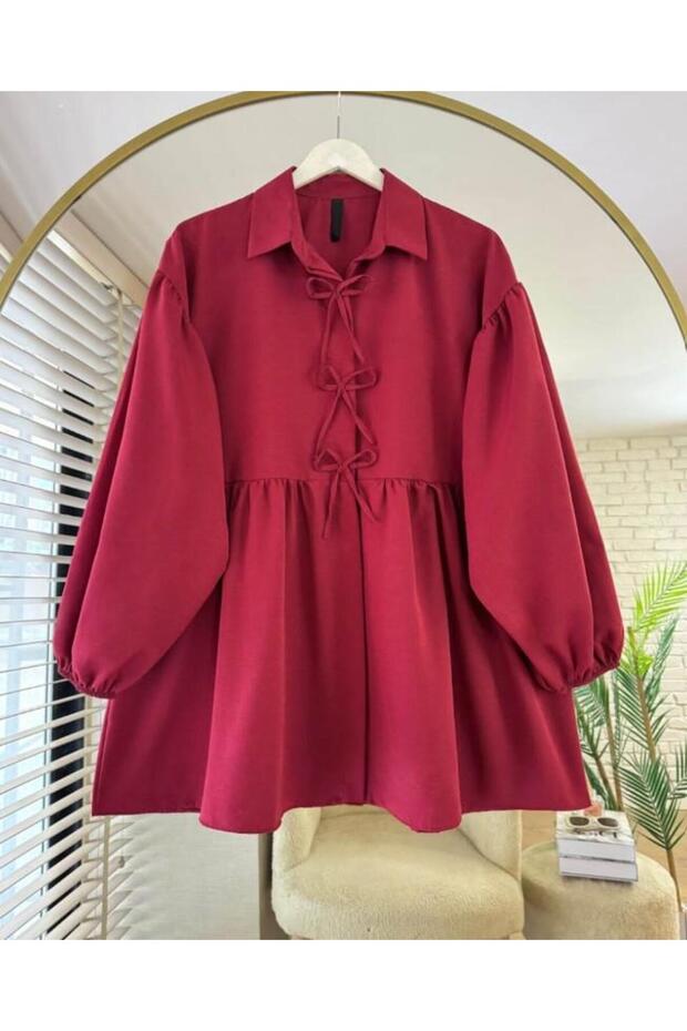Poplin Fabric Bow Balloon Sleeve Modest Tunic