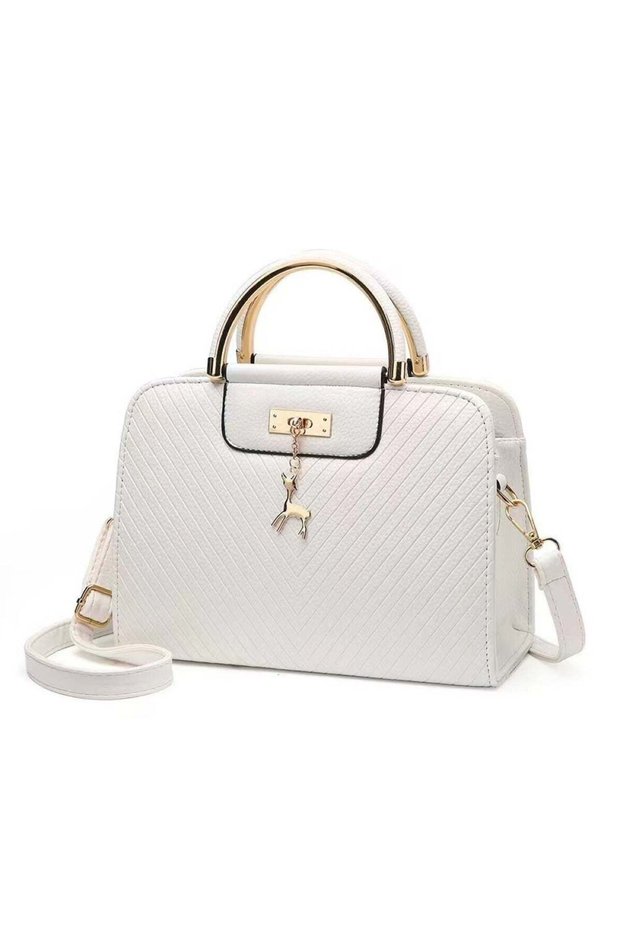 Elegant Women’s Handbag 26x11x20 cm PU Leather Satchel with Deer Charm, White